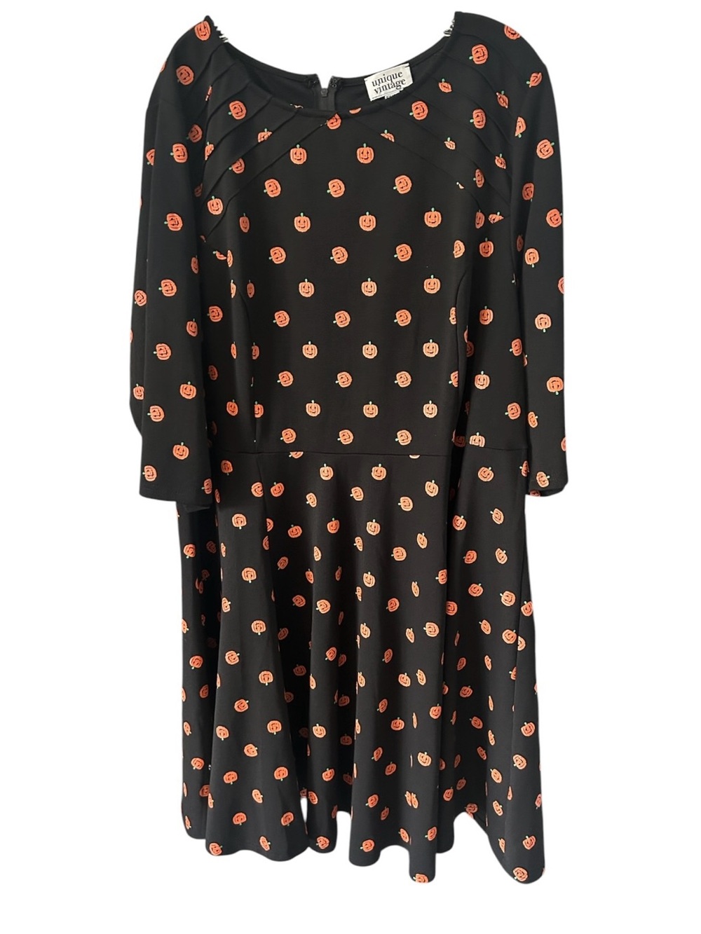 Unique Vintage Halloween Dress Sz 5X/36 Black Pumpkins Flare Skirt 3/4 Sleeve